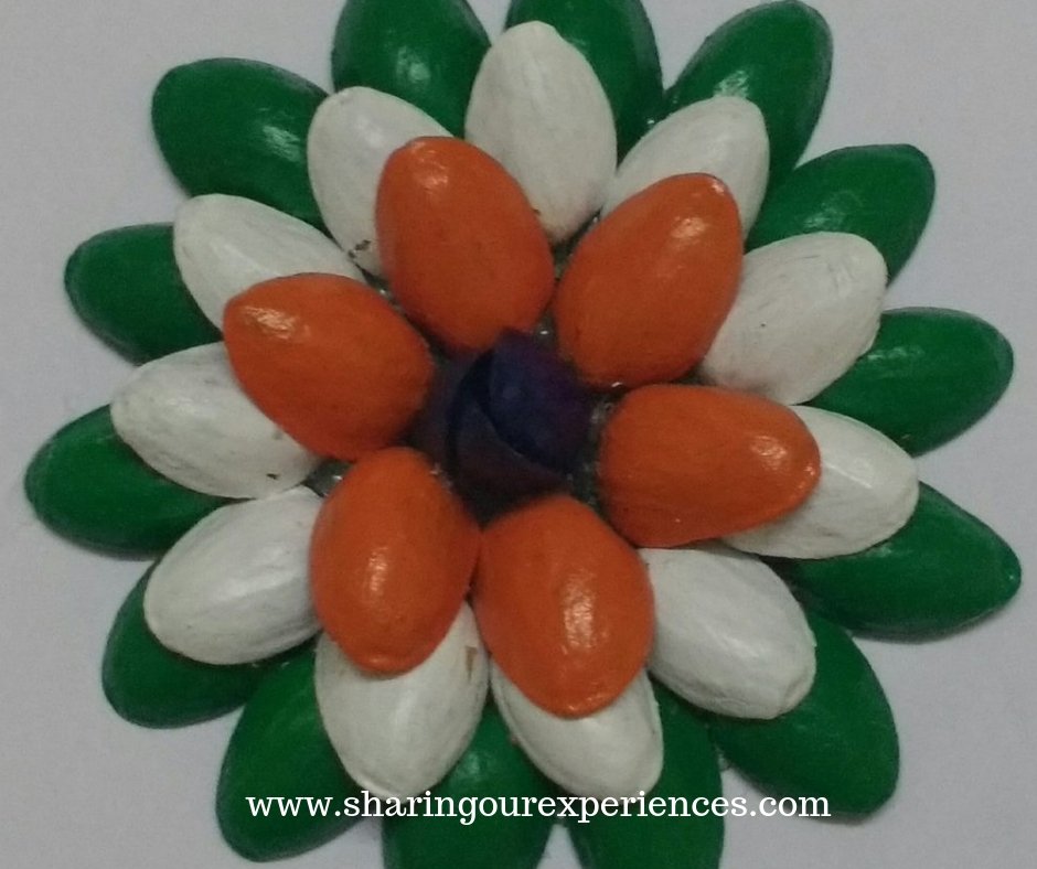 tricolour flower with pistachios shells. How to make Tricolor pistacchio shell flower craft with pista shells. Best out of waste crafts for Independence day or Republic day decorations