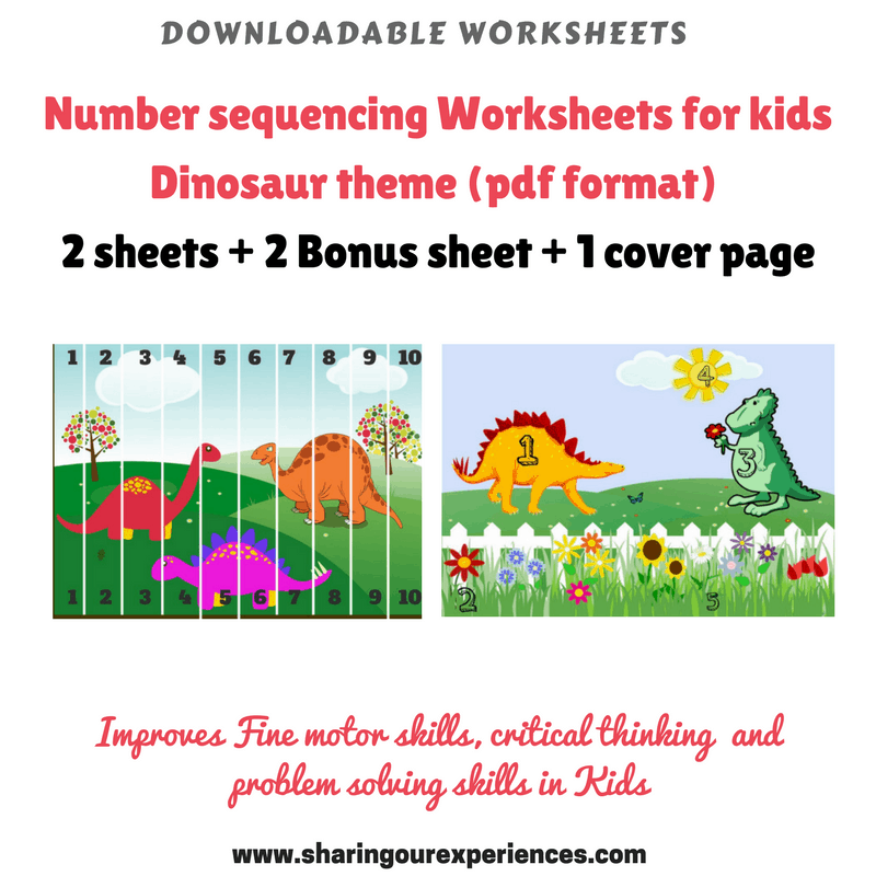 Dinosaur theme Number Sequencing worksheets in pdf format