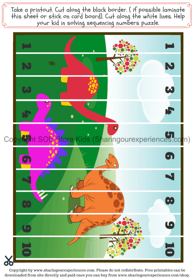 1 - 10 Number sequencing Dinosaurs worksheets printables