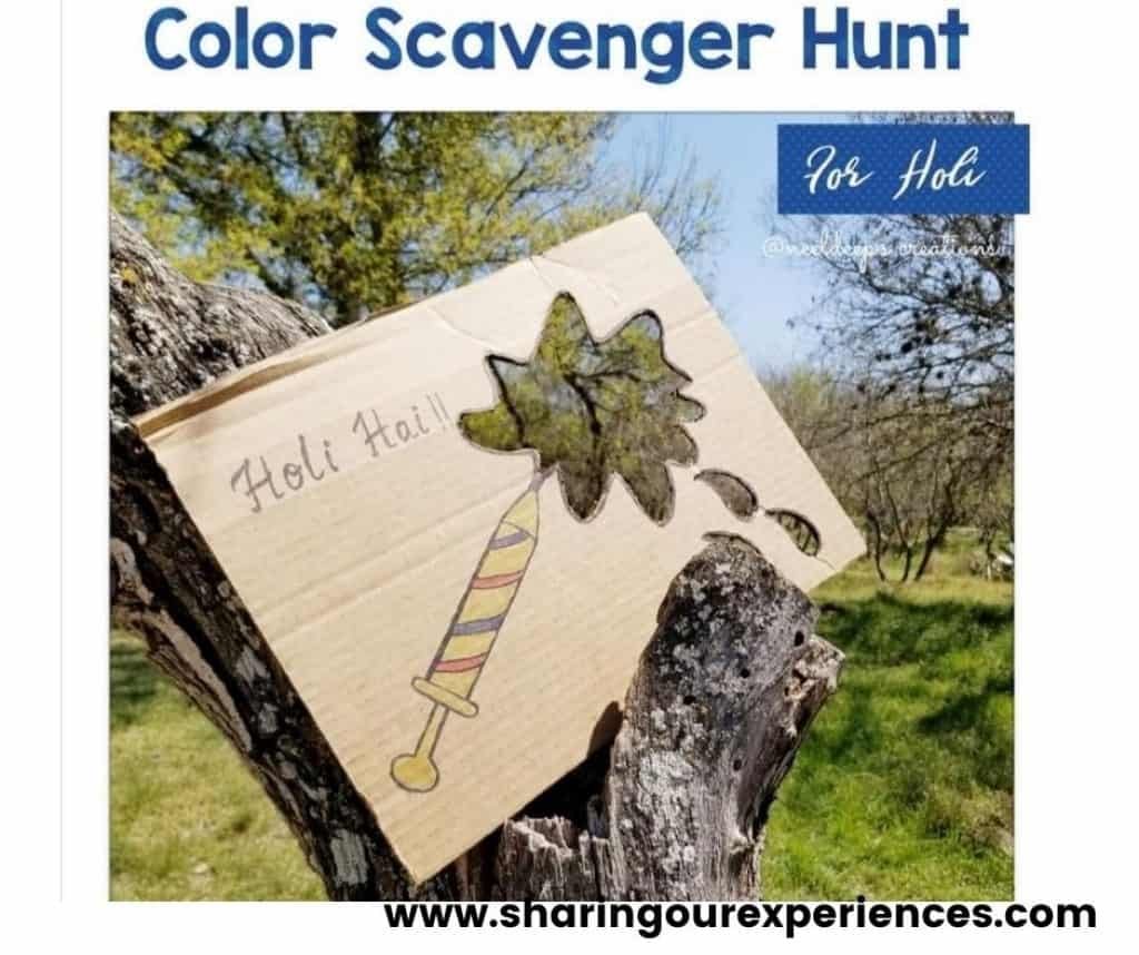 Holi scavenger hunt for toddlers, preschooler and kindergarten. Perfect for color theme activity.