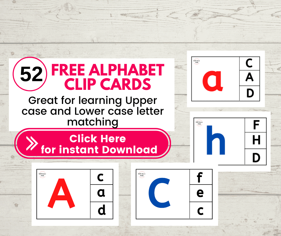 52 Free Alphabet Matching clip cards (Capital Upper case and Small letter Lowercase Alphabets) Alphabet clipcards free download. Great for learning Alphabet and making transition to Kindergarten much easier.