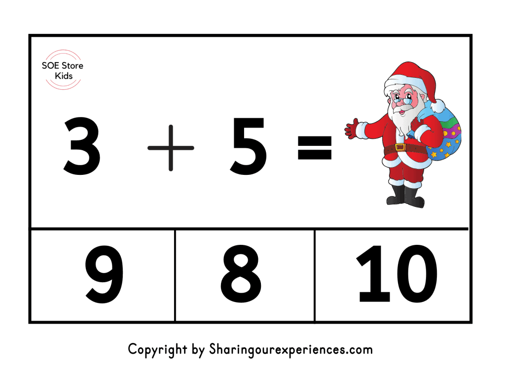 Free printable Christmas Activities Addition clip cards pdf worksheets for Kindergarten kids for Numbers 1 to 10