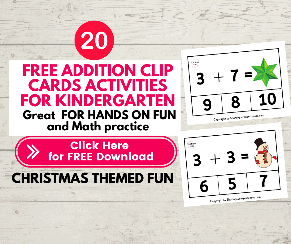 Free printable Christmas Activities Addition clip cards pdf worksheets for Kindergarten kids for Numbers 1 to 10