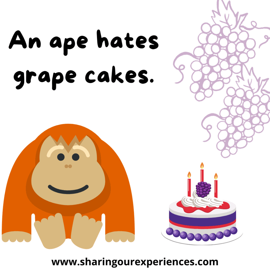 Easy and popular English tongue twister for kids An ape hates grape cakes.