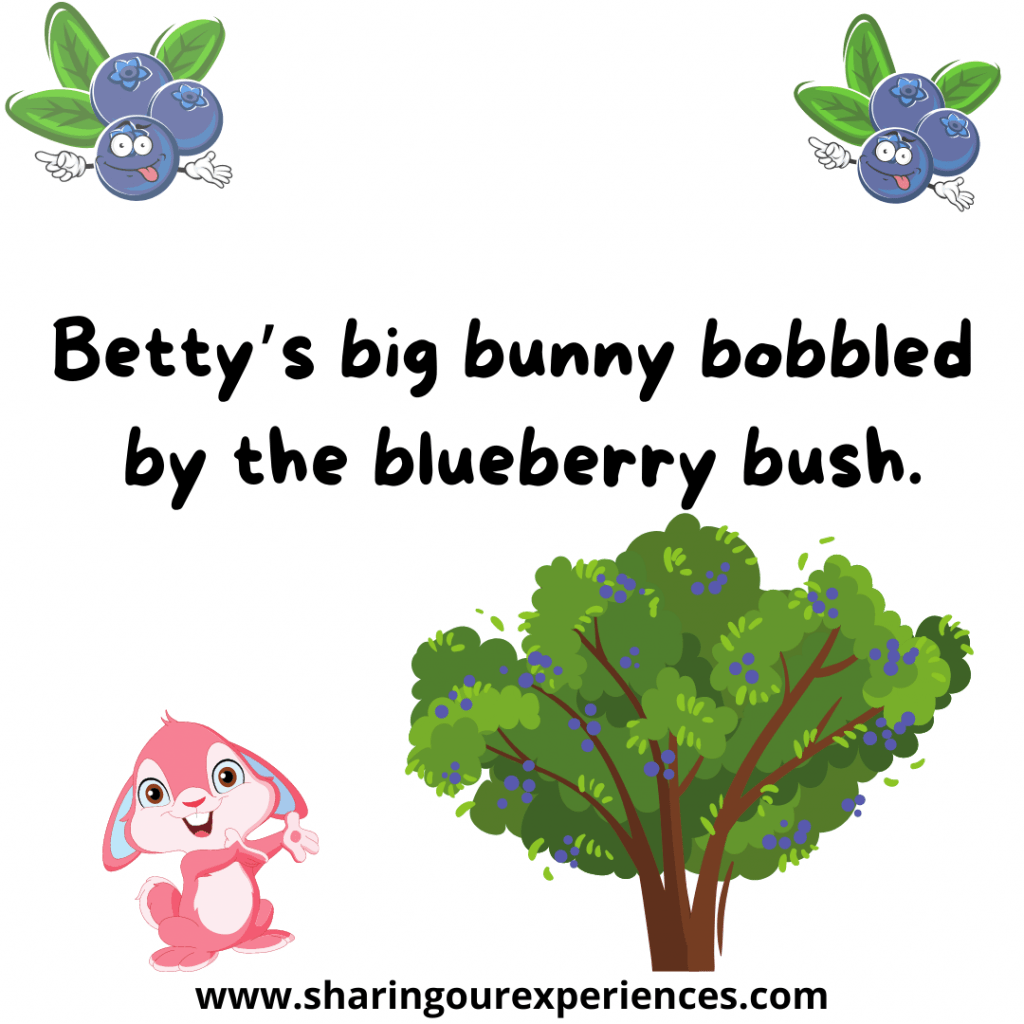 Famous English tongue twisters for kids. Betty's big bunny bobbled by the blueberry bush.png