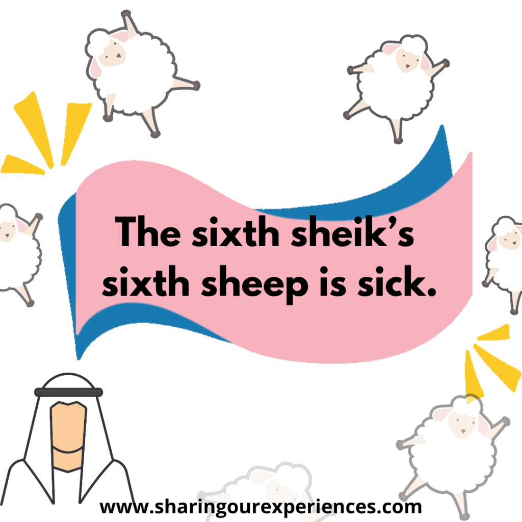 Most difficult and famous tongue twister in English for kids. The sixth sheik's sixth sheep is sick.png