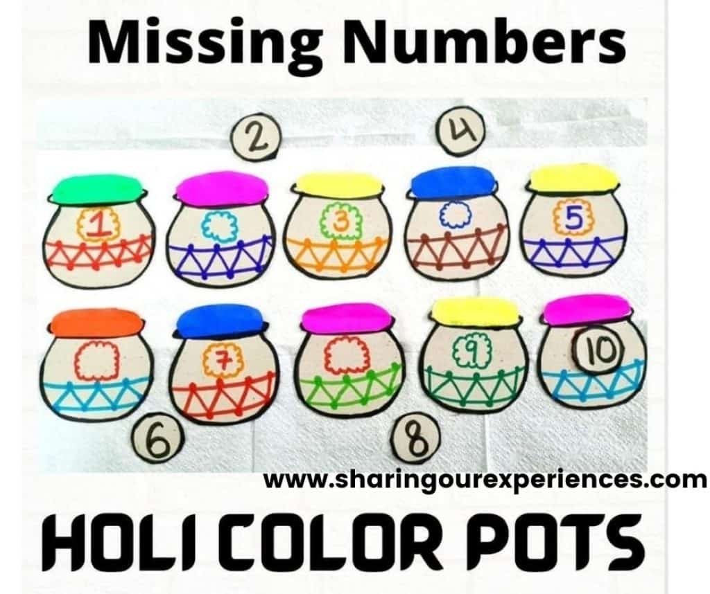 Easy to do Holi colors pots missing number activity for toddlers, preschooler and kindergartens. Perfect for activity based learning and theme projects.