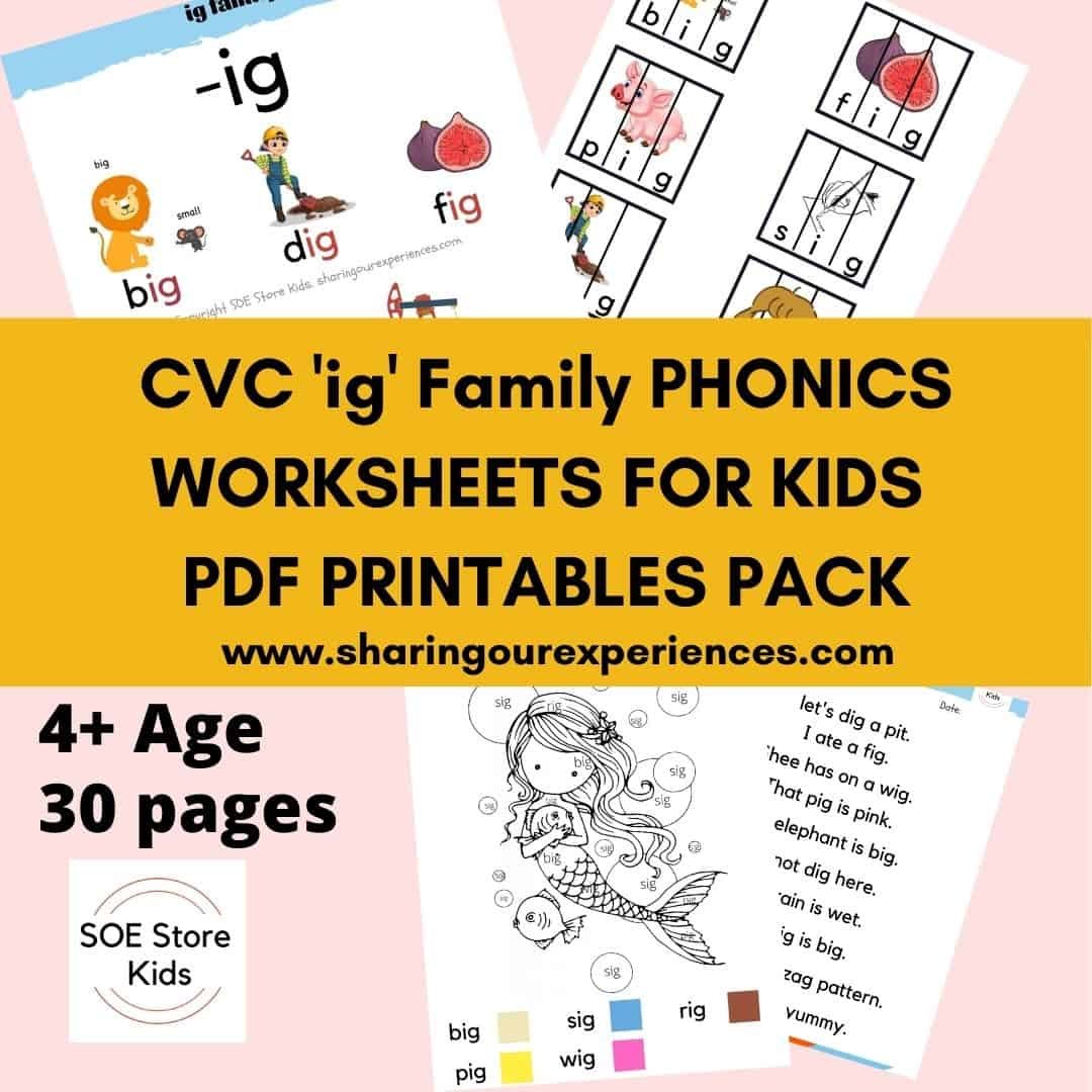 CVC ig word family printable Phonics worksheets for kids
