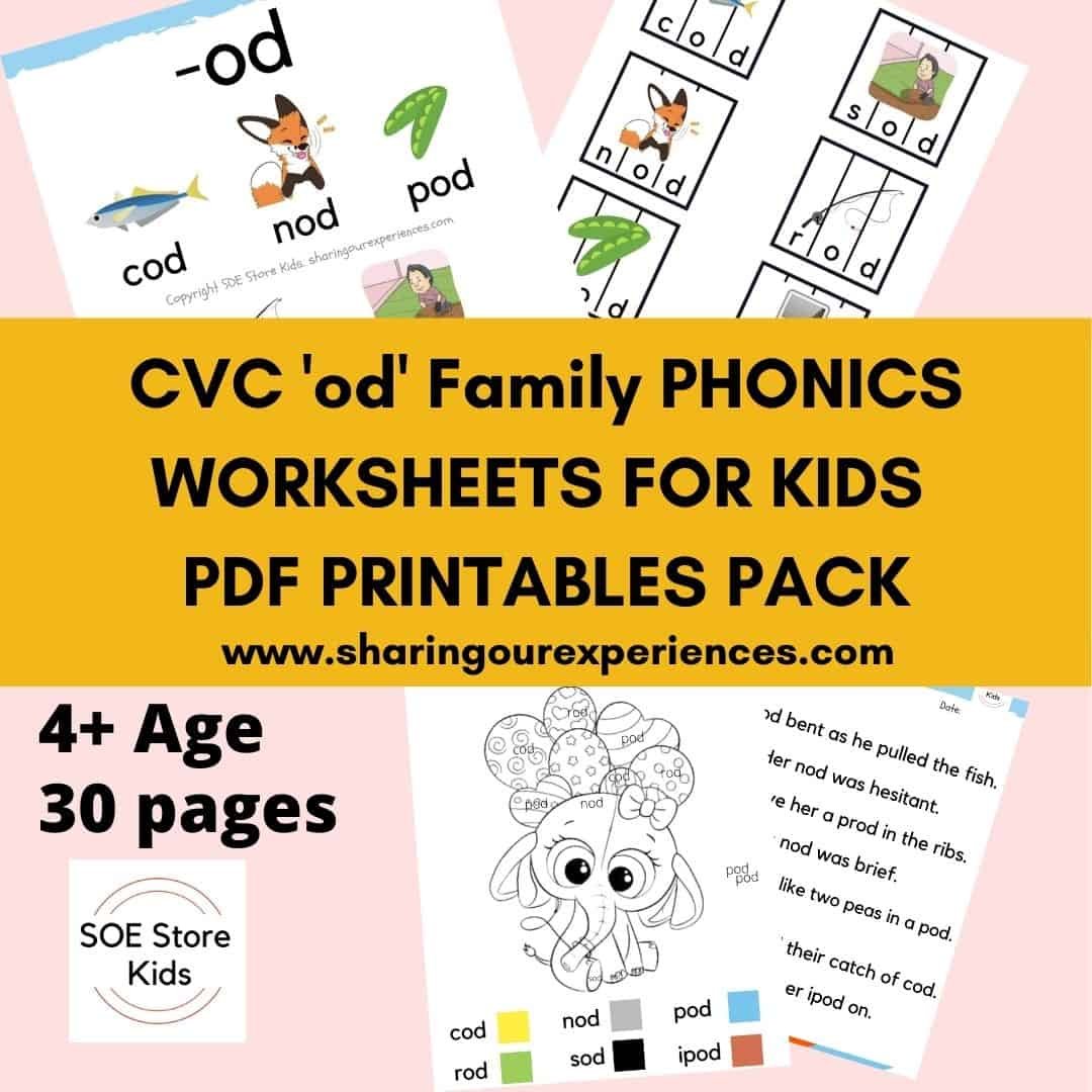 CVC 'od' word family printable Phonics worksheets for kids