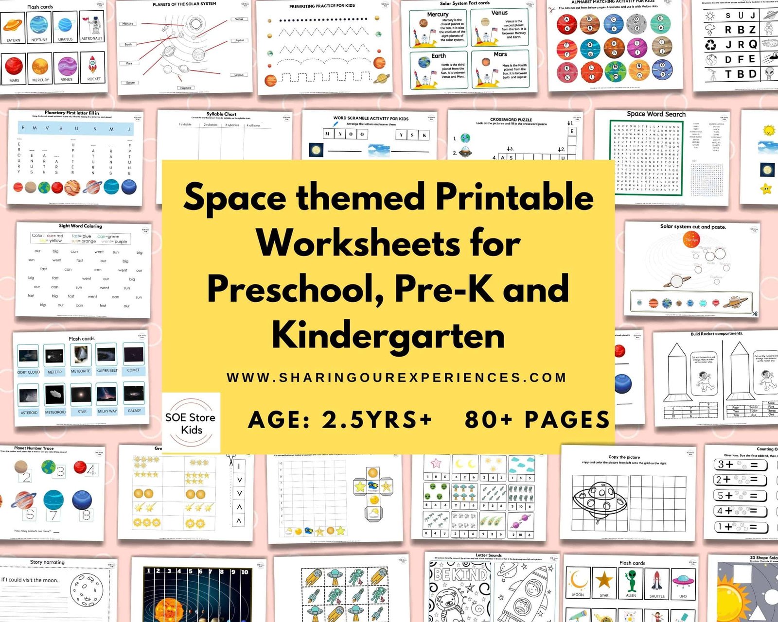 Space themed Printable Worksheets for Preschool, Pre-K and Kindergarten