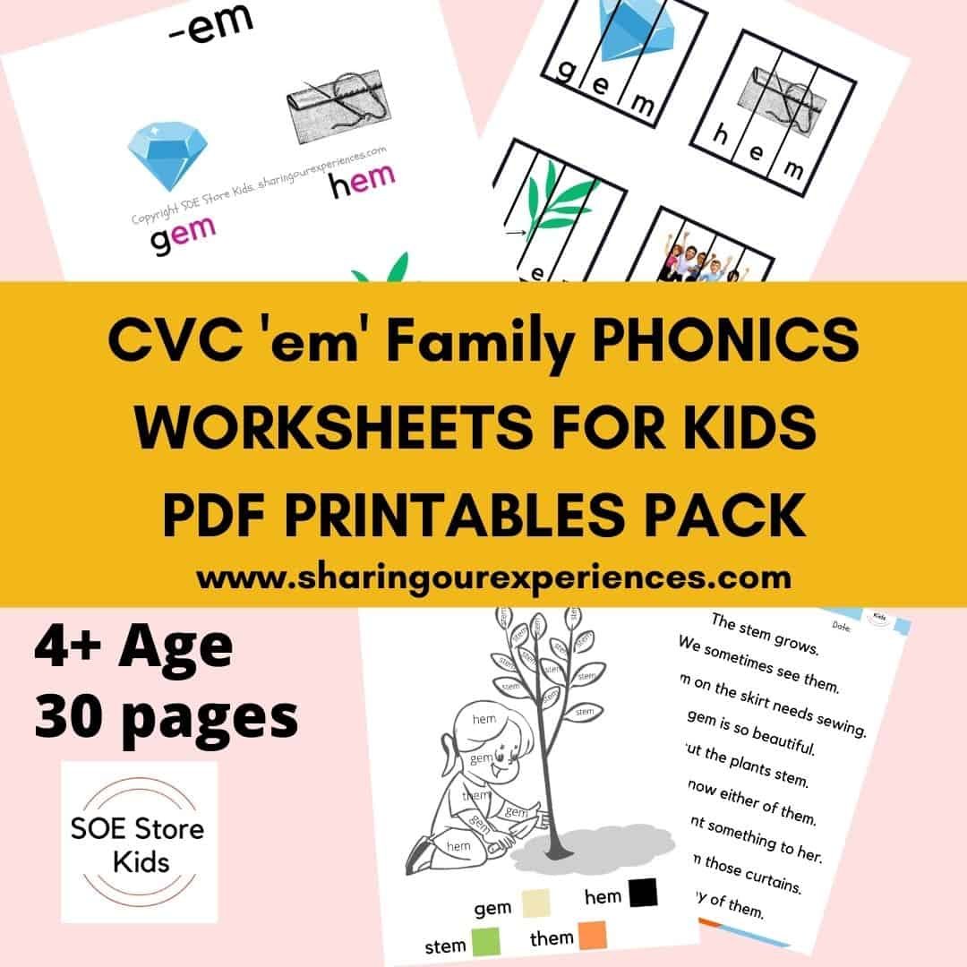 CVC em word family printable Phonics worksheets for kids