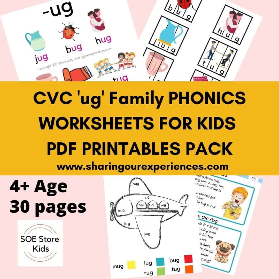 CVC ug word family printable Phonics worksheets for kids