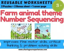 Farm Animal theme Number Sequencing worksheets Laminated format (2 sheets + 2 Puzzle + 1 cover page)