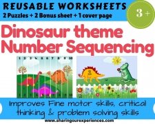 Dinosaur theme Number Sequencing worksheets Laminated format (2 sheets + 2 Puzzle + 1 cover page)