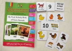 SOE Store Kids Farm Animals Activity Book. Complete Learning Pack for Kids (3-5 Years Nursery Toddlers Preschool prenursery) Small Activities Cards for Hands on Learning + Bonus Thick flashcards