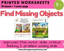 Find missing Objects Activity Worksheets Printables (Cover page + 19 worksheets)