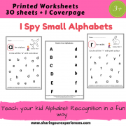 I Spy Small Alphabets Worksheets for kids 3 yrs and above – Alphabets Recognition (Cover page + 30 worksheets) #Printables # Worksheets