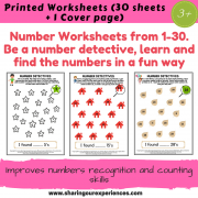 I Spy Numbers Worksheets for kids 3 yrs and above – Number Recognition (Cover page + 30 sheets) # Printables # Worksheets